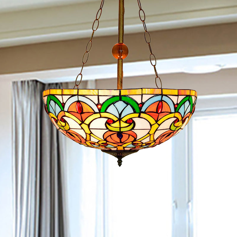 Tiffany Victorian Stained Glass Ceiling Light With Multi-Colored Inverted Bowl For Bedroom