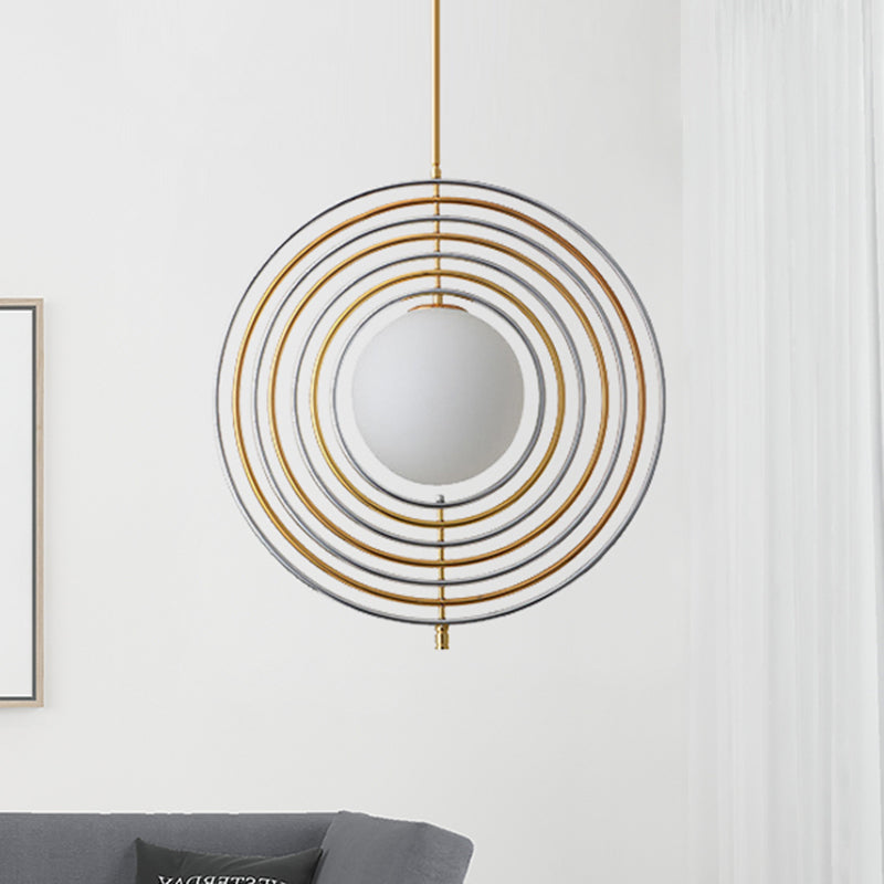 Modern Gold Frosted Glass Orbit Pendant Light With Concentric Rings - Dining Room Hanging