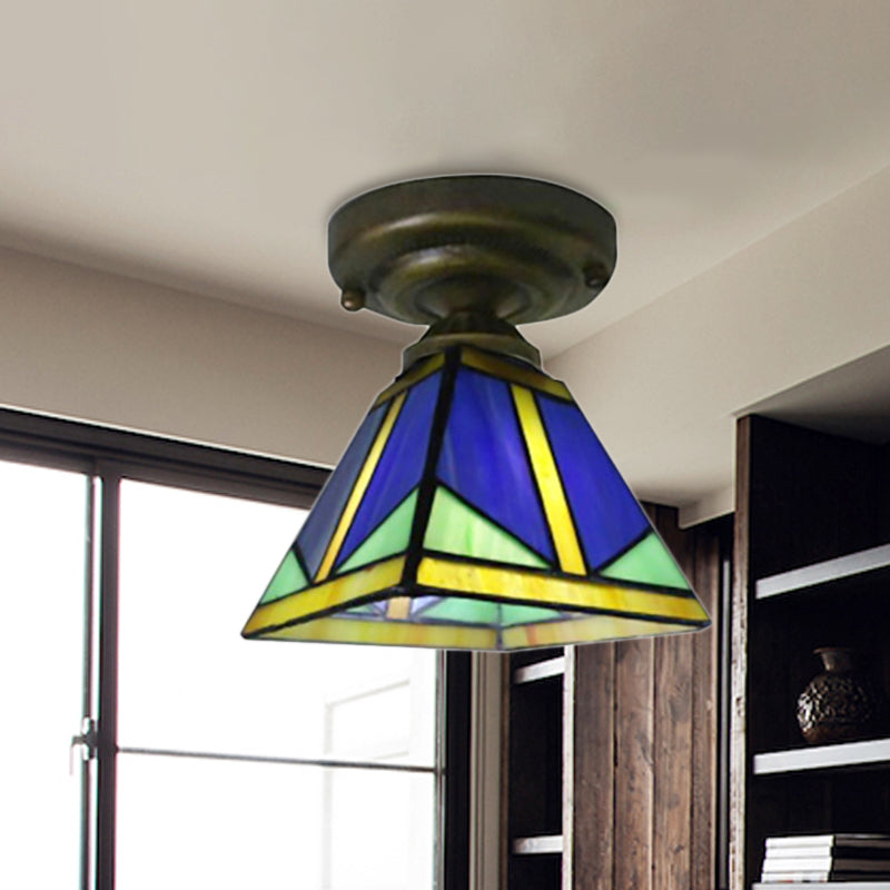 Tiffany Blue Vintage Ceiling Light: Compact Glass Flushmount For Hallways