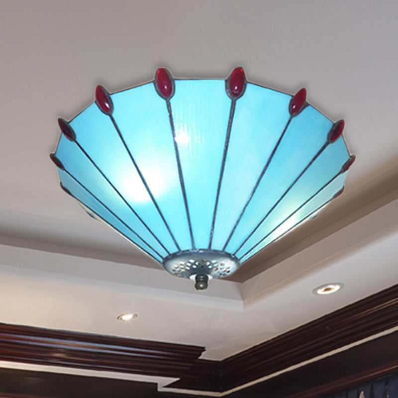 Blue Tiffany Style Cone Ceiling Lamp - Art Glass Finish Flush Light For Dining Room