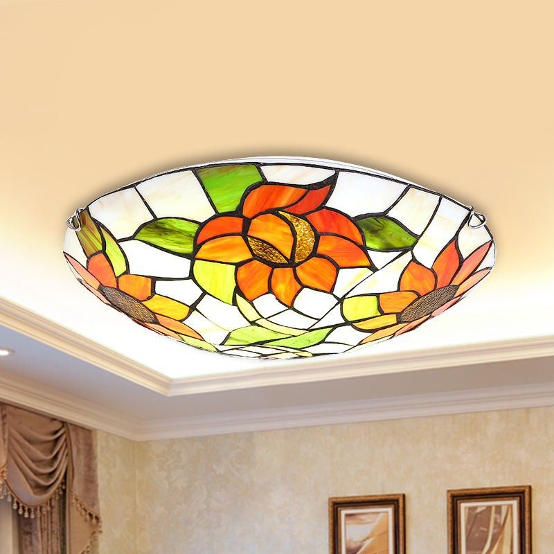 Sunflower Pattern Stained Glass Orange Flush Mount Ceiling Lamp - Hotel Dome Light