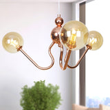 Copper Industrial Chandelier With 3 Clear/Amber Glass Lights For Dining Room Pendant