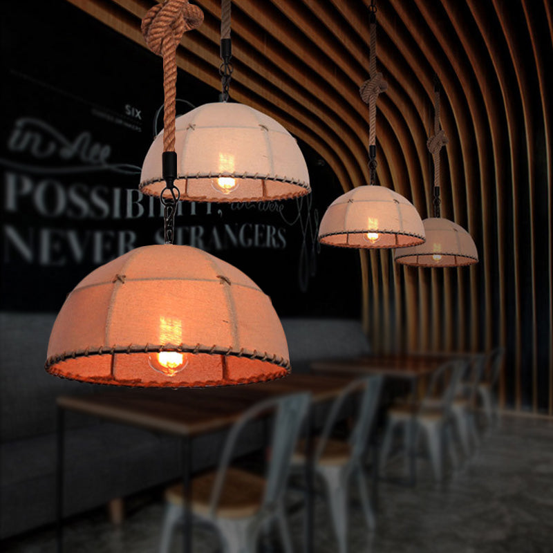 Lodge Style Hanging Fabric And Rope Pendant Light - 14’/18’ Dome Shade In Beige For Restaurants