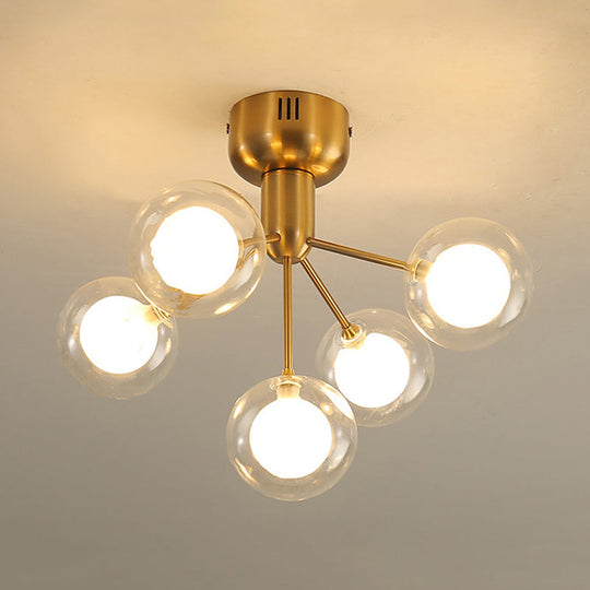 Modern 5 - Light Glass Semi - Flush Ceiling Lamp For Foyer And Hallway Gold