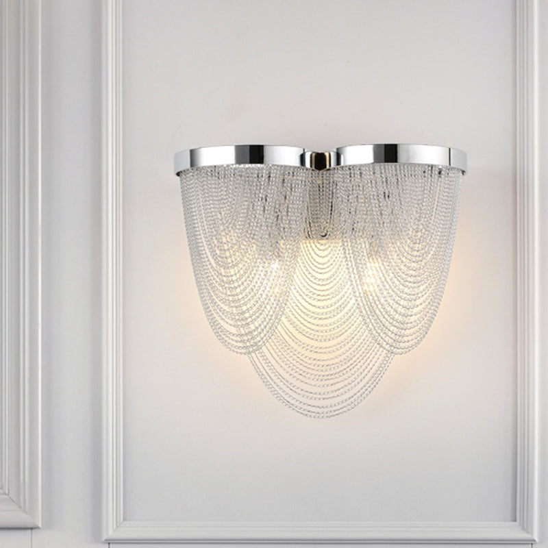 Chrome Wall Sconce Light With Metal Chain Shade - Postmodern Design 2 Lights Ideal For Bedroom