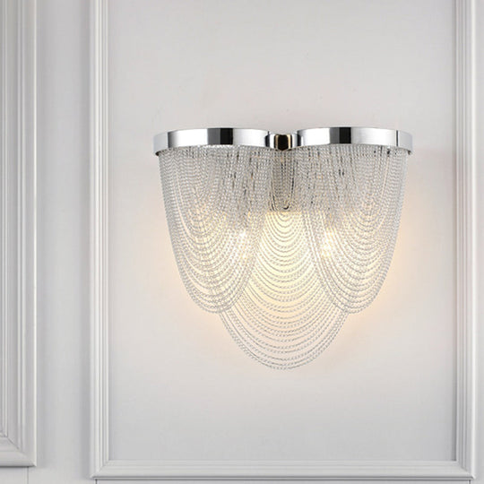 Chrome Wall Sconce Light With Metal Chain Shade - Postmodern Design 2 Lights Ideal For Bedroom
