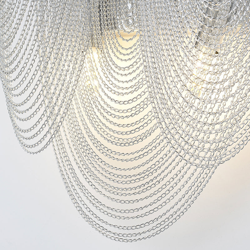 Chrome Wall Sconce Light With Metal Chain Shade - Postmodern Design 2 Lights Ideal For Bedroom