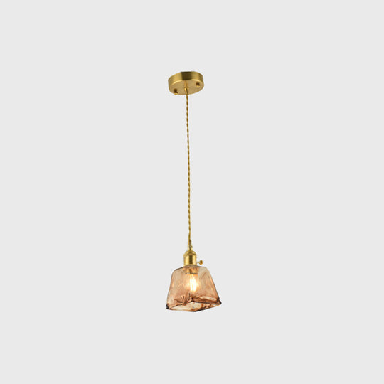 Brass Shaded Drop Pendant Vintage Handmade Tan Glass 1-Bulb Living Room Pendulum Light / Trapezoid