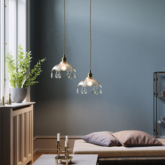 Vintage Flower Shaped Clear Glass Pendant Light With Teardrop Crystals Lighting