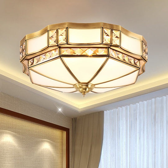 Traditional Yurt Flush Mount Lamp With Crystal Accent - 3/4/6 Lights And White Glass Ceiling