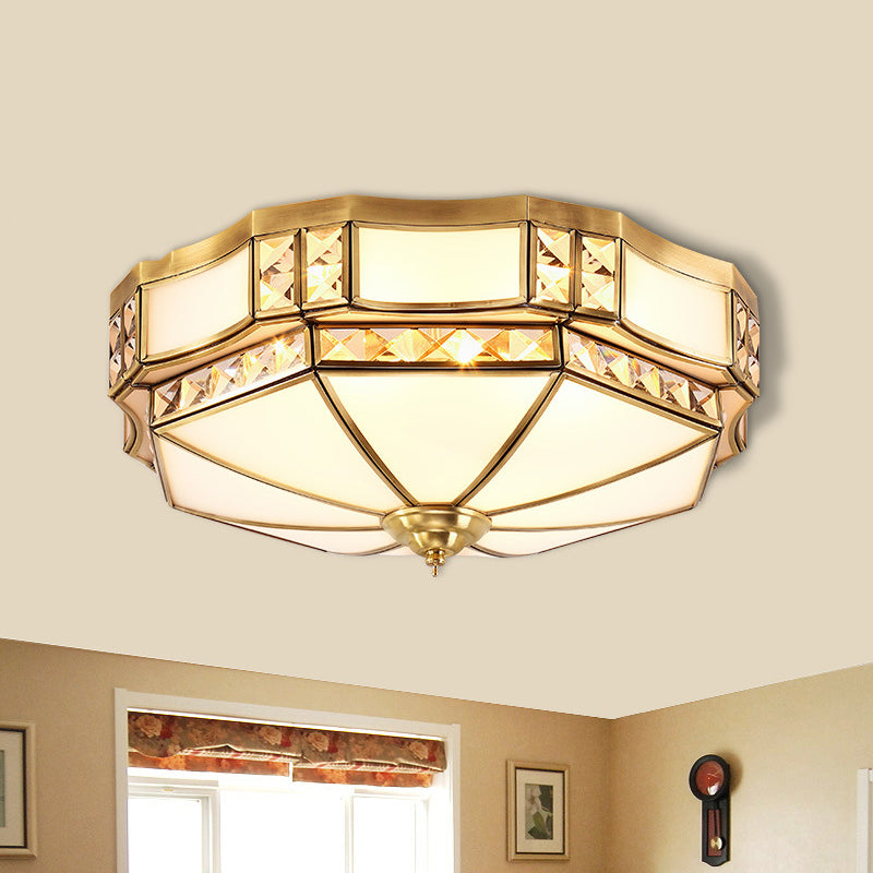 Traditional Yurt Flush Mount Lamp With Crystal Accent - 3/4/6 Lights And White Glass Ceiling