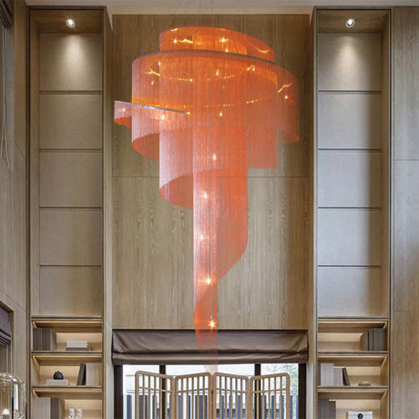 Sleek Spiral Tassel Chandelier - Modern Metal 4-Light Ceiling Light For Hall Red