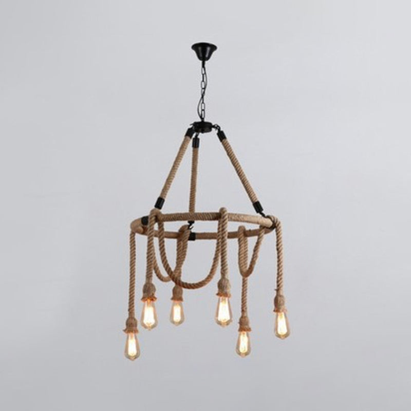 Adjustable Industrial Rope Chandelier - 6 Lights Beige Ceiling Fixture