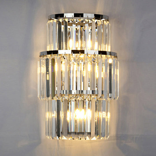 Contemporary Wall Mounted Crystal Cylinder Sconce Light - 3 Silver Lights