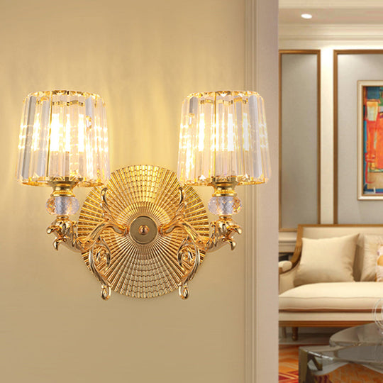 Modern Gold Tapered Wall Light Fixture - Elegant Crystal Block Sconce For Bedroom 1/2 Lights