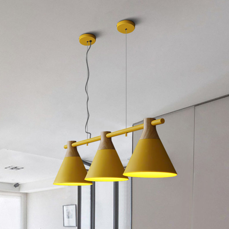 Nordic Style Adjustable Hanging Pendant Light With 3 Conical Metal Shades In Wood