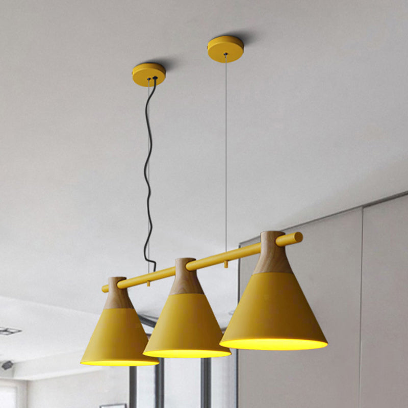 Nordic Style Adjustable Hanging Pendant Light With 3 Conical Metal Shades In Wood