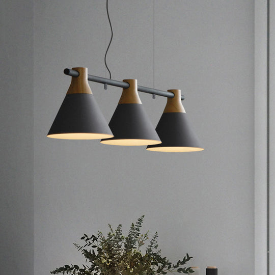 Nordic Style Adjustable Hanging Pendant Light With 3 Conical Metal Shades In Wood