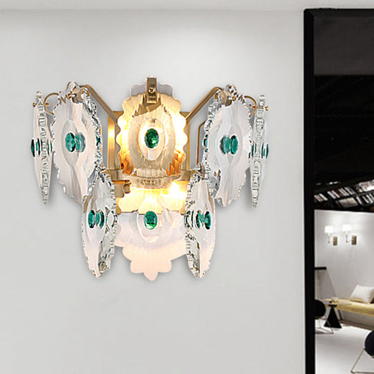 Postmodern 2-Light Wall Sconce With Clear Crystal And Green/Gold Gem Accent Green
