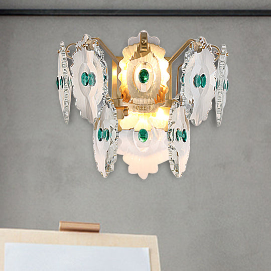 Postmodern 2-Light Wall Sconce With Clear Crystal And Green/Gold Gem Accent