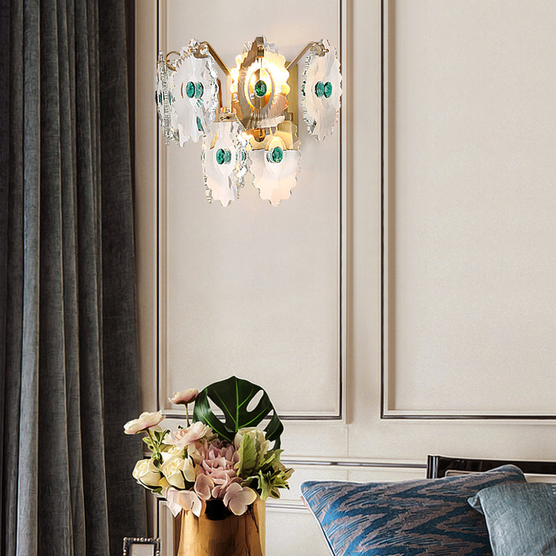 Postmodern 2-Light Wall Sconce With Clear Crystal And Green/Gold Gem Accent