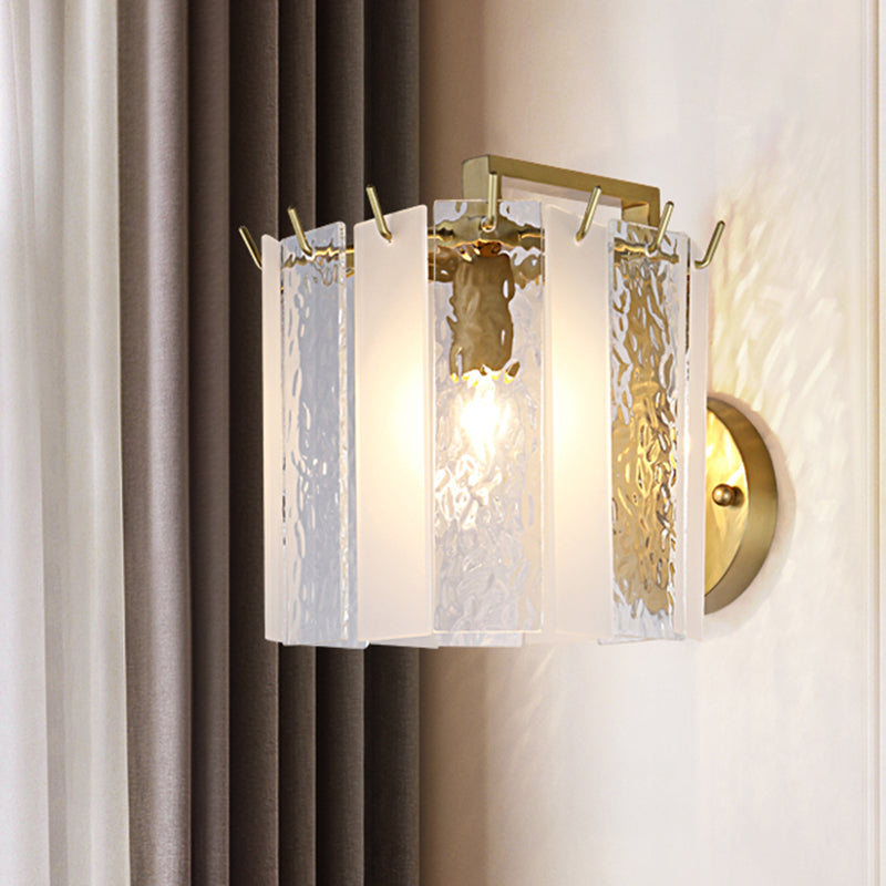 Contemporary Gold Drum Wall Sconce Light With Frosted And Waterglass - 1 Fixture