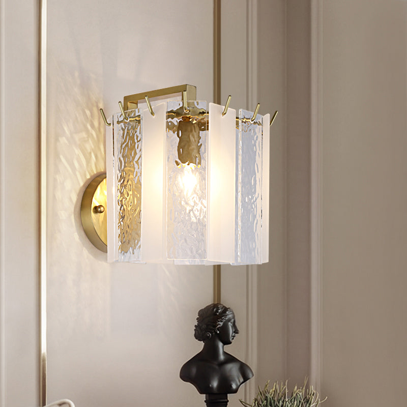 Contemporary Gold Drum Wall Sconce Light With Frosted And Waterglass - 1 Fixture