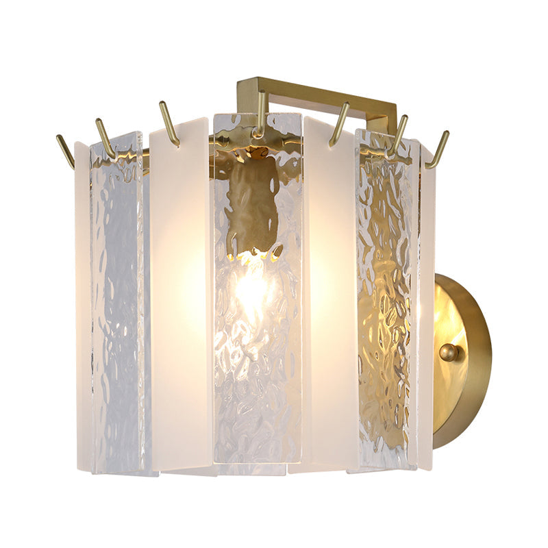 Contemporary Gold Drum Wall Sconce Light With Frosted And Waterglass - 1 Fixture