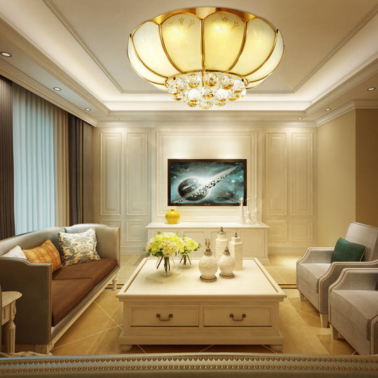 Modern White Glass Flower Flush Mount Light With Crystal Ball Finial - Ideal For Living Room