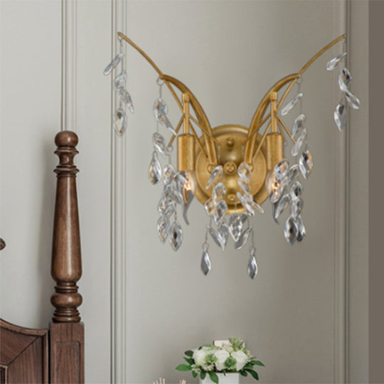 Modern Gold Wall Sconce With Crystal Drop - 2-Light Branch Mount