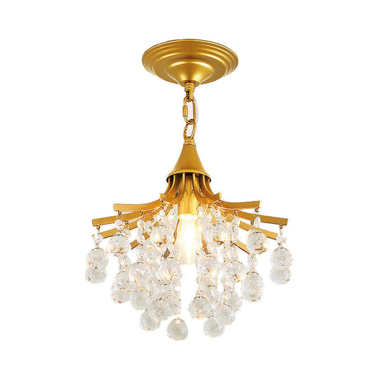 Metal Chandelier With Crystal Drop And Bare Bulb Design Gold