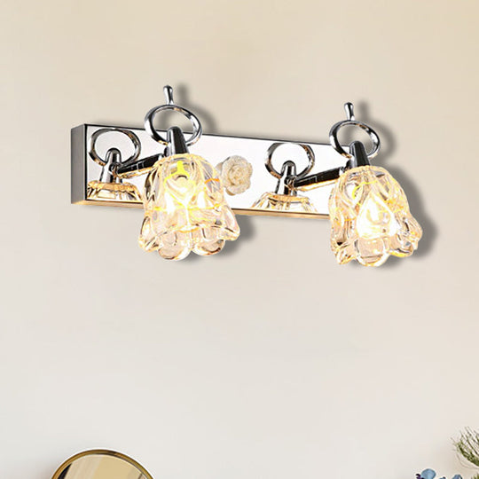 Modern Flower Shade Vanity Wall Light Fixture - Clear Glass Silver Finish 2/3 Lights Ideal For