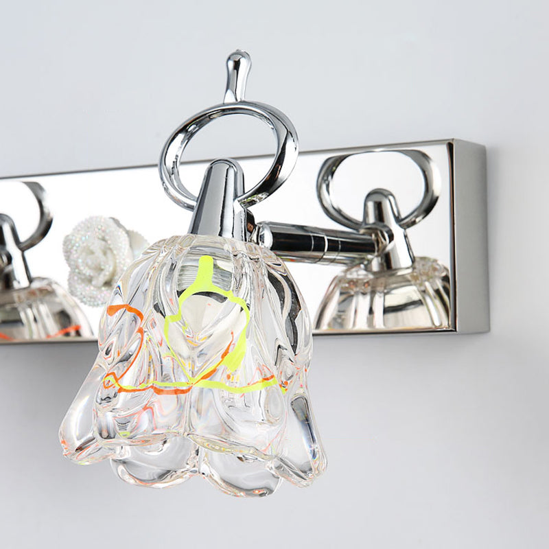 Modern Flower Shade Vanity Wall Light Fixture - Clear Glass Silver Finish 2/3 Lights Ideal For