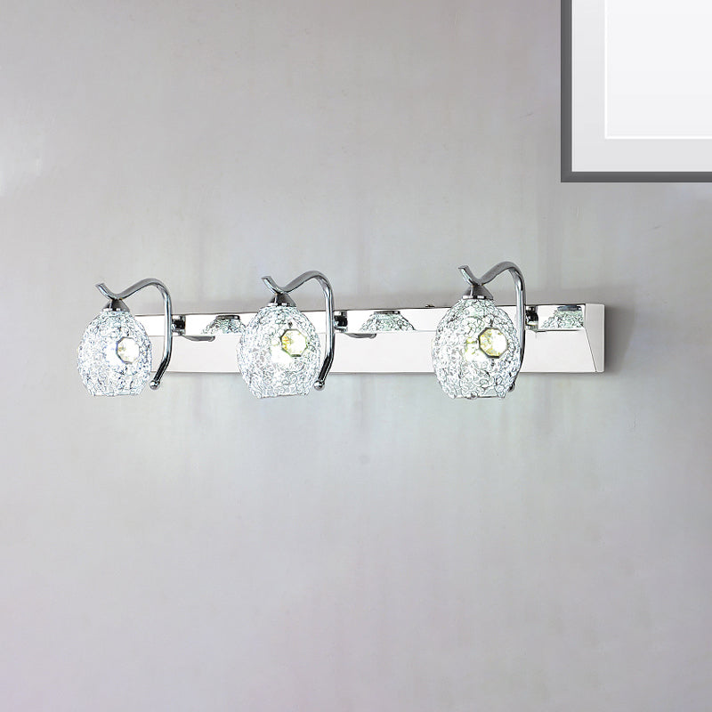 Modern Stainless Steel Domed Wall Light With 3 Heads Silver Vanity Lamp And Clear Crystal Accent