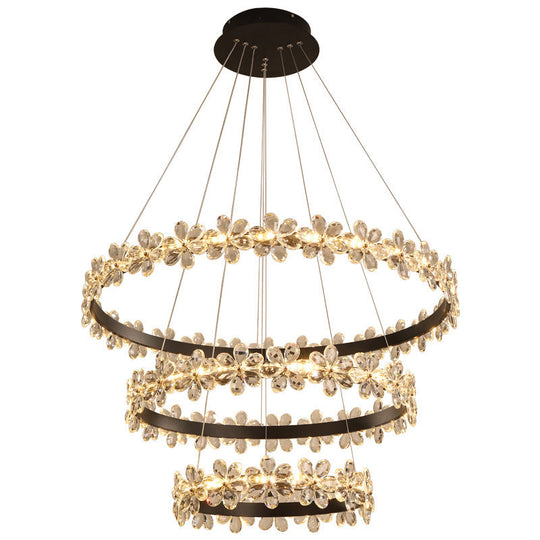 Contemporary Clear Crystal Chandelier With Flower Accents For Restaurant Hanging