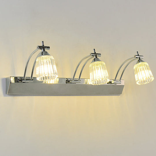 Contemporary Crystal Vanity Light - Fluted Clear Shades Silver Finish 3 Heads Warm/White / White