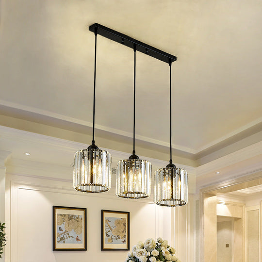 Modern Black Cylindrical Pendant Light With Crystal Shade - Stylish Suspension Lighting Fixture
