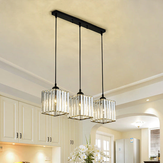 Modern Black Cylindrical Pendant Light With Crystal Shade - Stylish Suspension Lighting Fixture