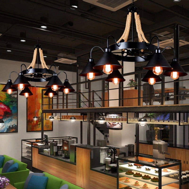 Black Industrial Art Chandelier Light With Rope And Cone Metal Shade