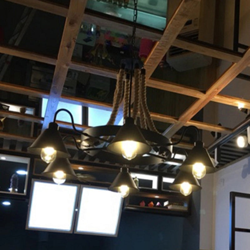 Black Industrial Art Chandelier Light With Rope And Cone Metal Shade