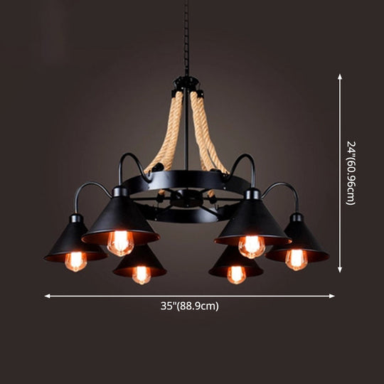 Black Industrial Art Chandelier Light With Rope And Cone Metal Shade