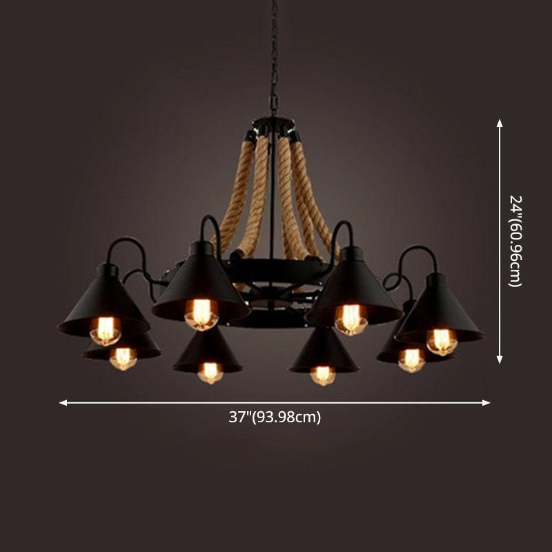 Black Industrial Art Chandelier Light With Rope And Cone Metal Shade