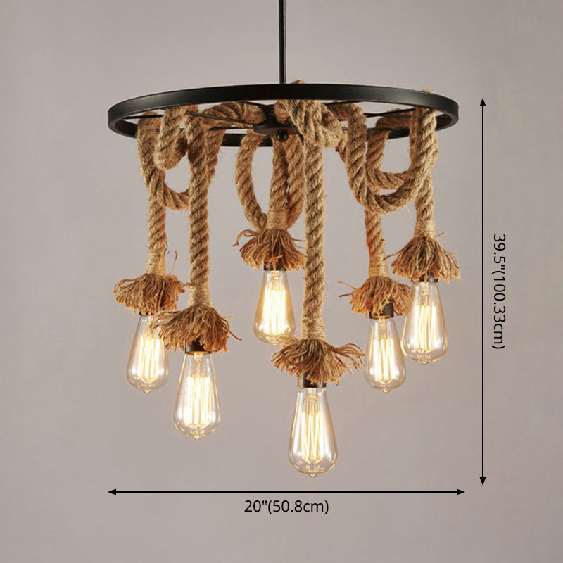 Retro Industrial Black Metal Wagon Wheel Chandelier With Rope Suspension - Restaurant Lighting
