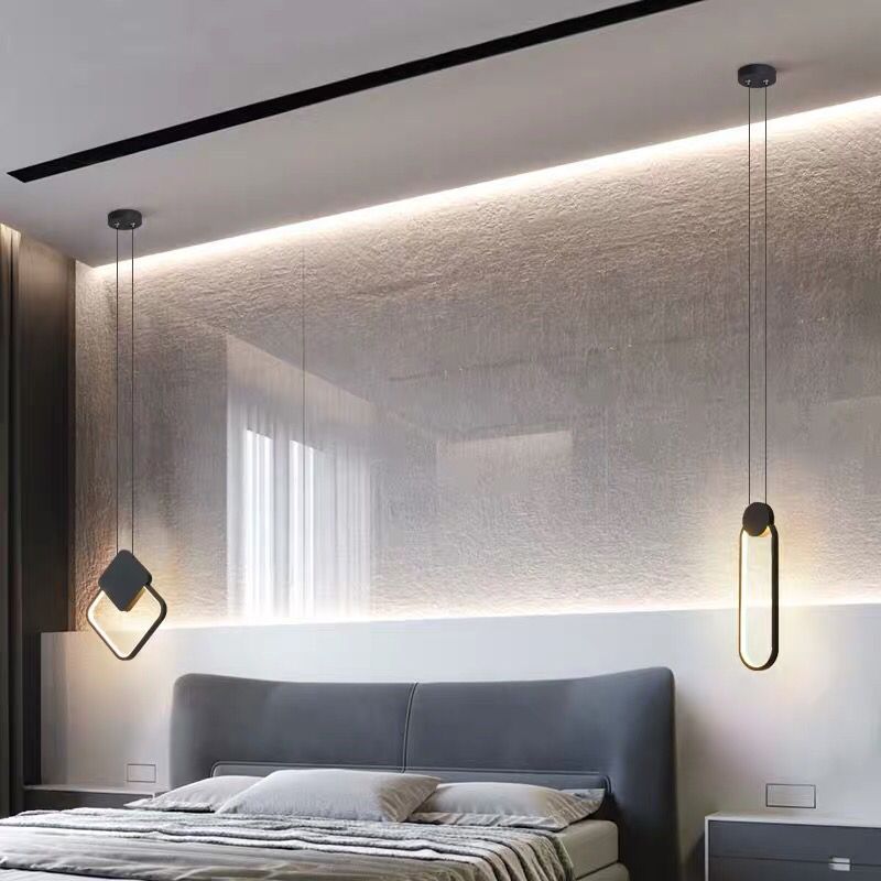 Minimalist Led Pendant Bedroom Lamps – Black Metal Ring Design