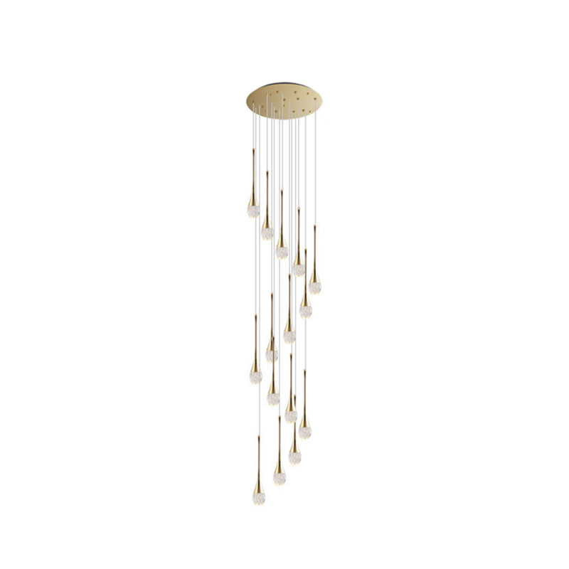 Brass Crystal Cone Pendant Light Set With Long Led Cascade - Perfect For Stairwell 15 /
