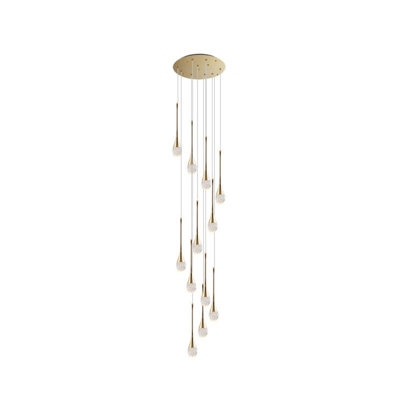 Brass Crystal Cone Pendant Light Set With Long Led Cascade - Perfect For Stairwell 12 /