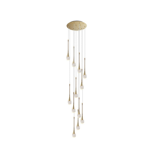 Brass Crystal Cone Pendant Light Set With Long Led Cascade - Perfect For Stairwell 12 /