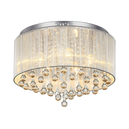 Contemporary Silver Flush Mount Drum Light With 6 - Light Crystal Fixture For Bedrooms
