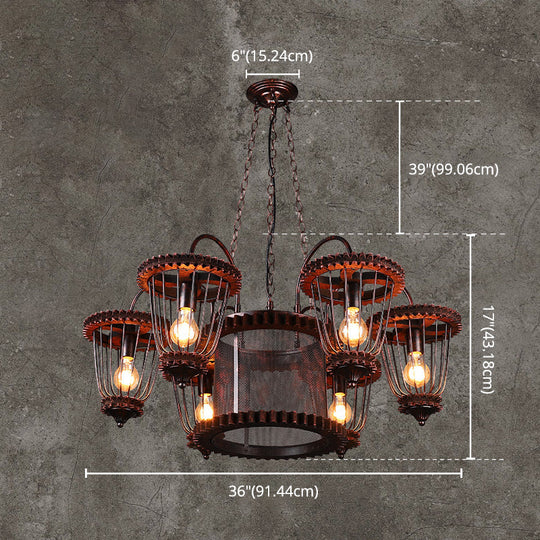 Large Cage Chandelier: Industrial Style Pendant Light Fixture In Wrought Iron With Rust Finish
