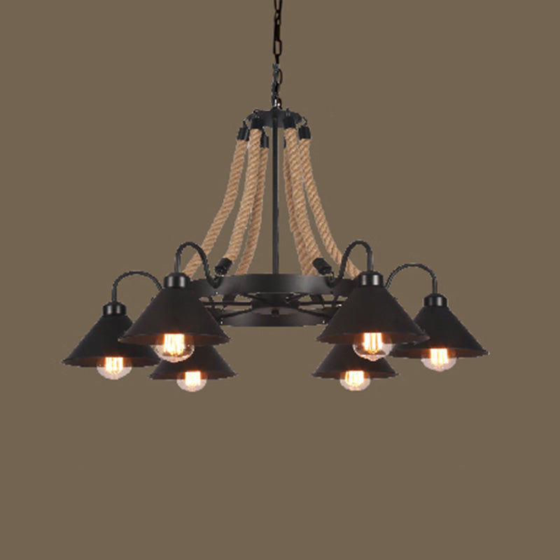 Industrial Vintage Large Chandelier With Rope And Metal Cone Shade - Perfect For Coffee Shop